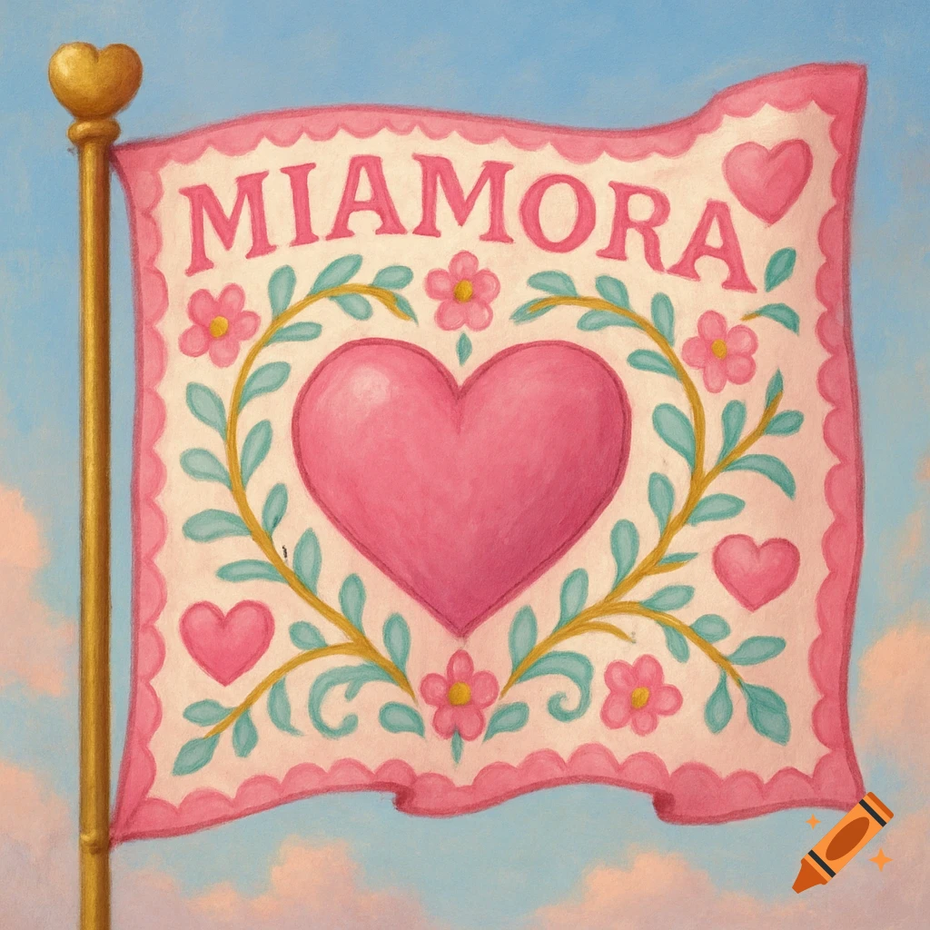 Cute flag with 'MIAMORA', hearts, and flowers against a blue sky in an illustrative style.