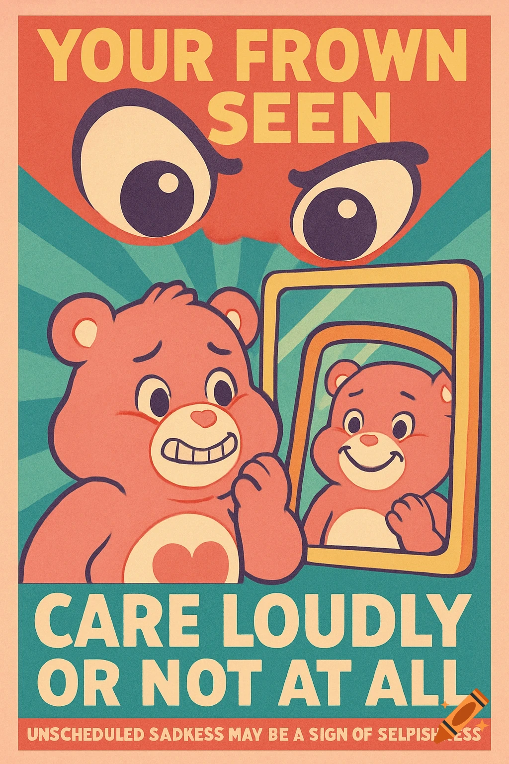 Vintage-style cartoon poster with a pink bear looking distressed in a mirror, watched by large eyes above. Text includes "YOUR FROWN SEEN" and "CARE LOUDLY OR NOT AT ALL".