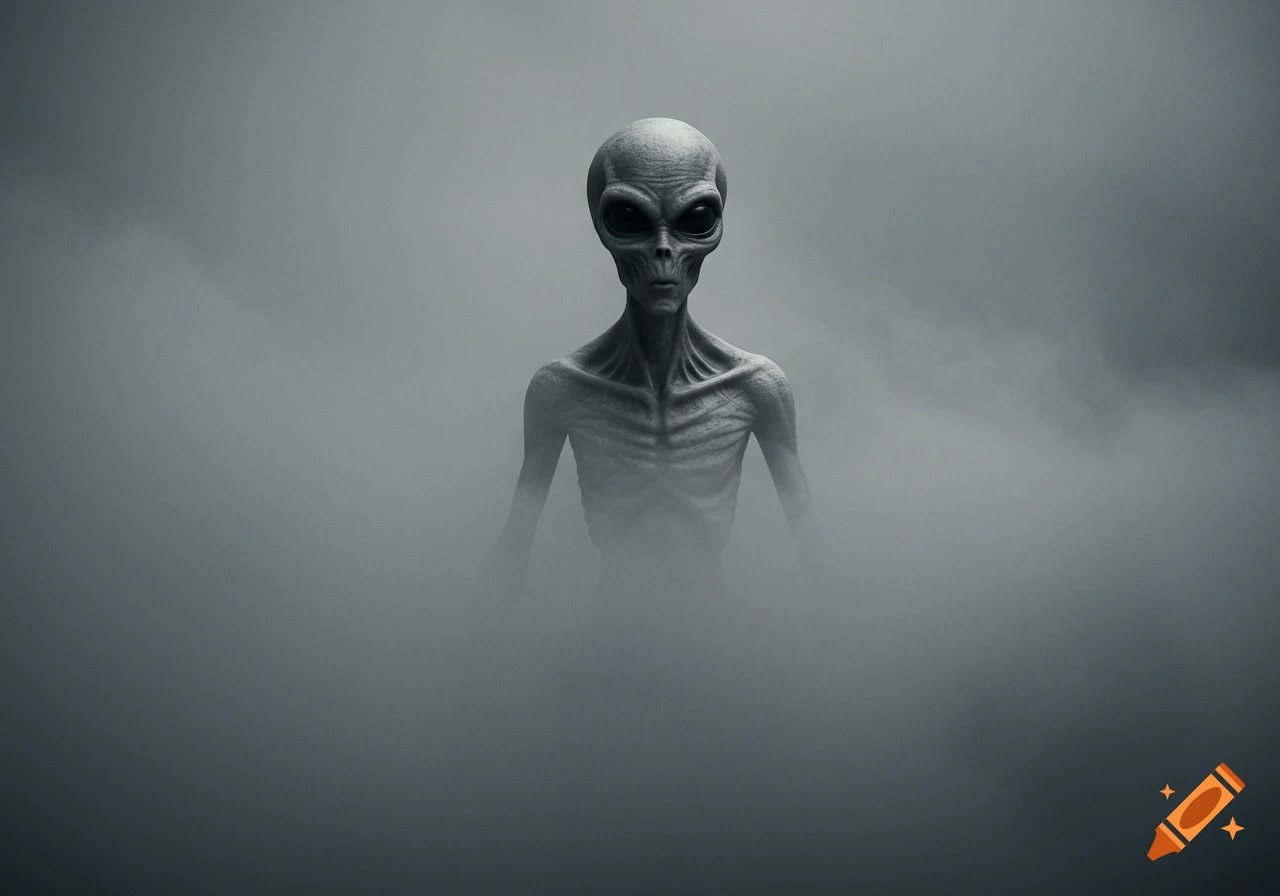 A realistic, ominous grey alien emerges from dense fog.