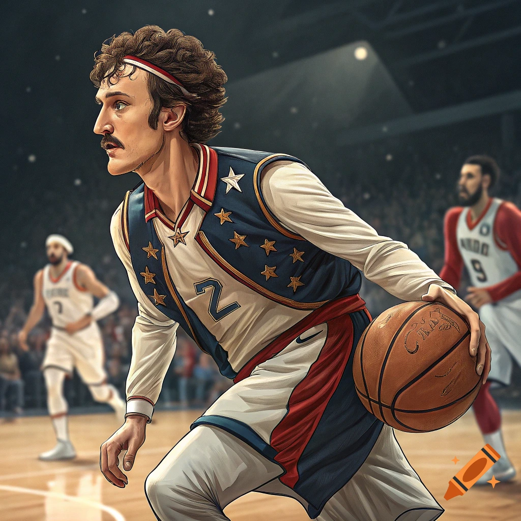 A man with a mustache resembling Napoleon Bonaparte plays basketball in a stylized historical uniform on a court.