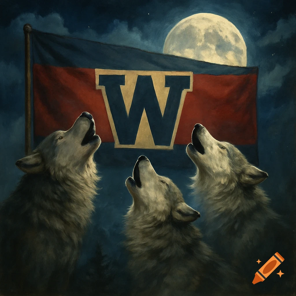 Three wolves howl at the moon below a flag with a large W in a dark, painterly style.