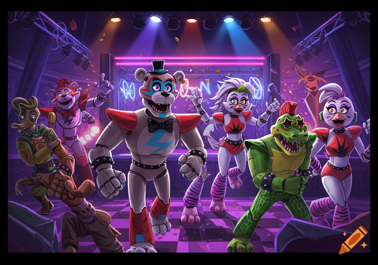 Cartoon style illustration of FNAF: Security Breach animatronics on a stage with confetti.