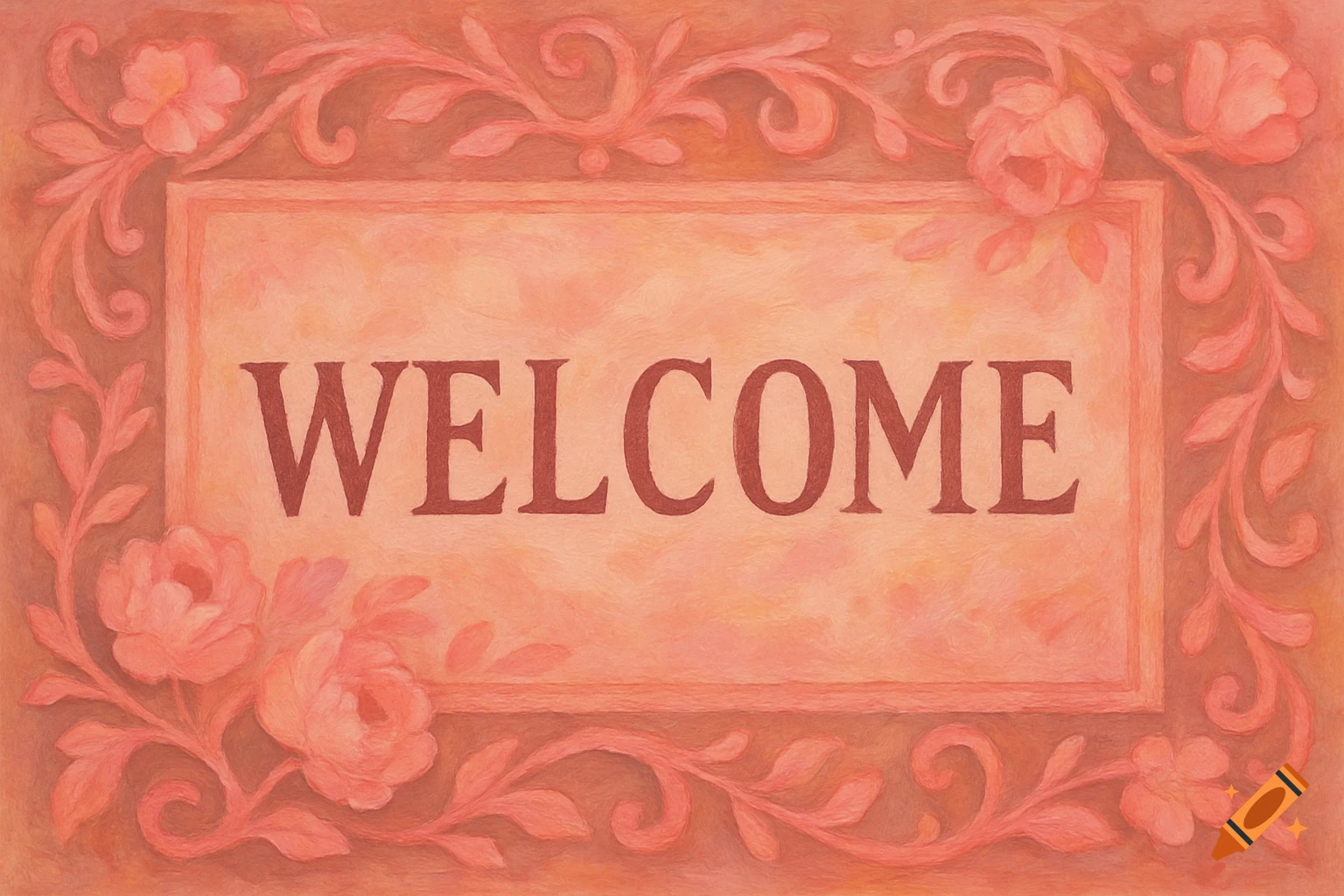A pink welcome mat with a floral border in a painterly style.