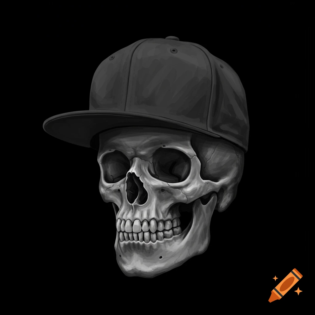 Illustration of a skull wearing a fitted baseball cap on a black background