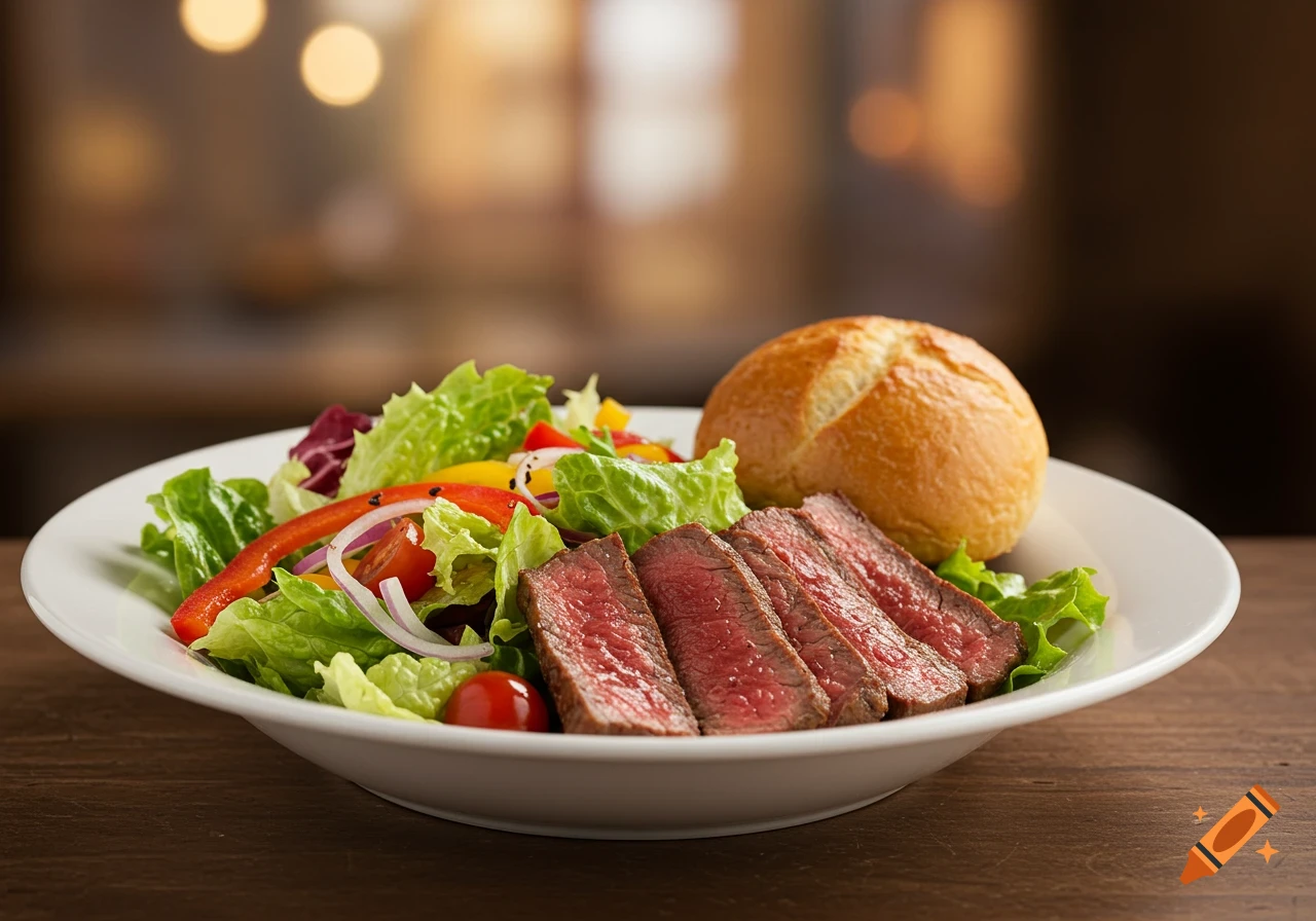 A plate of salad with sliced steak and a bread roll
