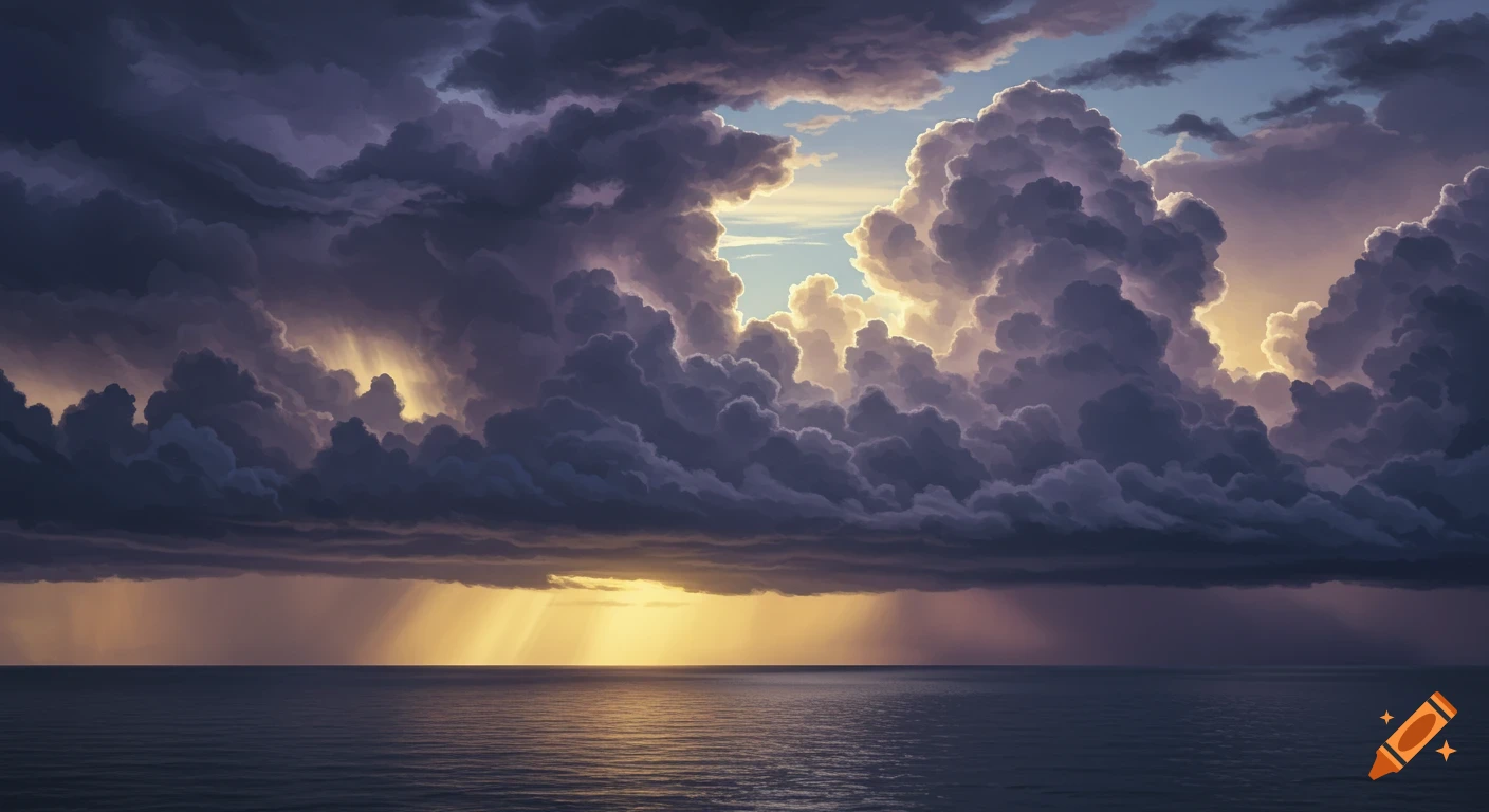 Dramatic storm clouds over the ocean with rays of sunlight