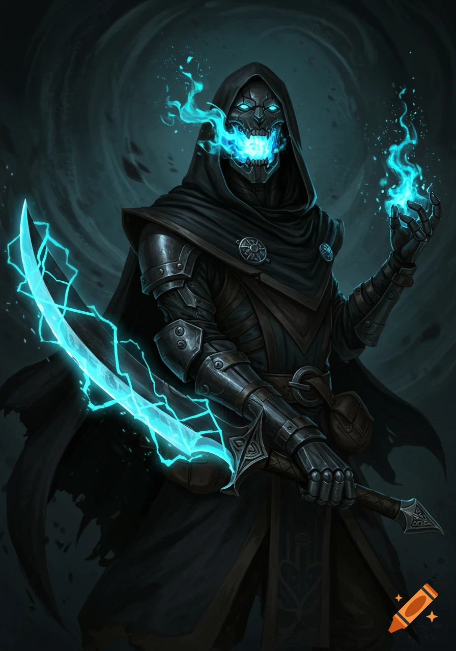 A dark fantasy character in a hooded robe and armor, with a glowing blue face, hand, and sword.