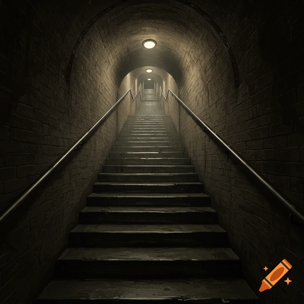 Long staircase ascends into a dark, lit tunnel