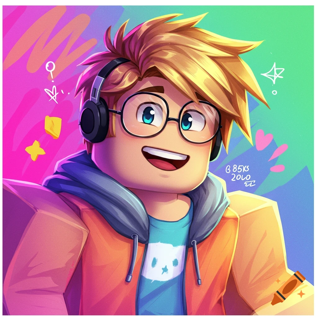 Cartoon portrait of a smiling Roblox boy avatar with blonde hair, glasses, and headphones against a vibrant background.