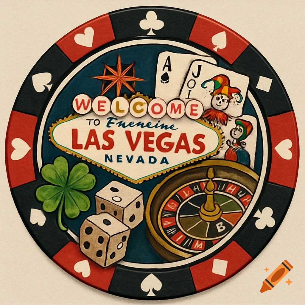 Illustrated casino chip with Las Vegas sign, clover, dice, cards, and roulette wheel.