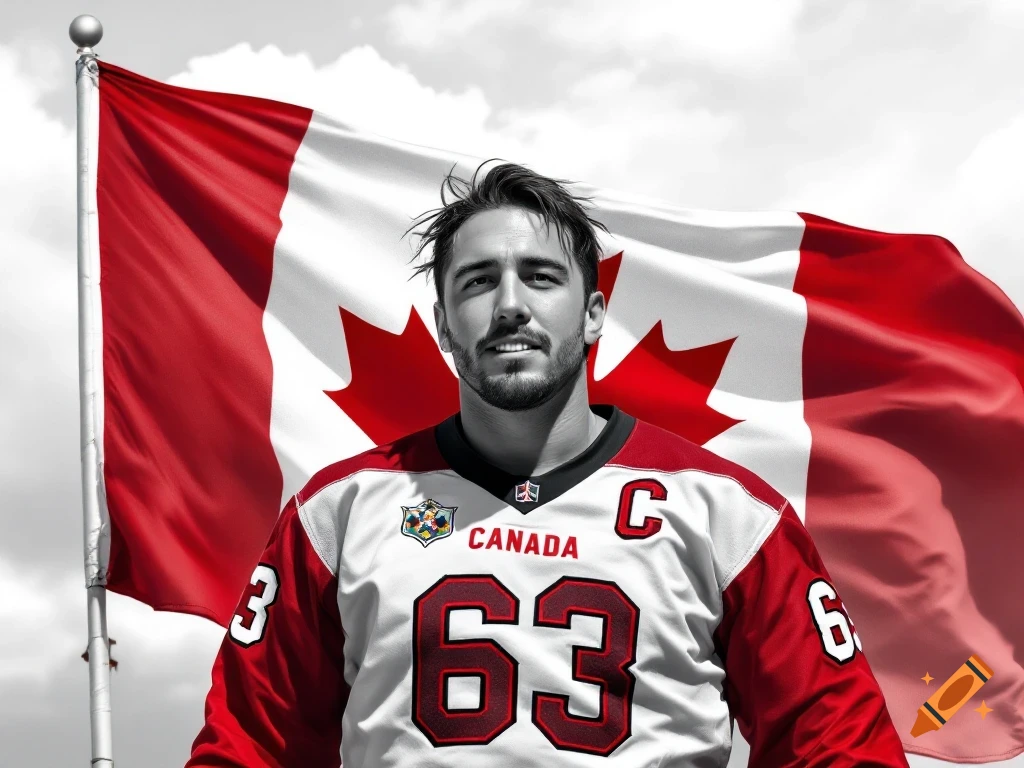 A man in a Canadian hockey jersey with the number 63 stands in front of a large Canadian flag. Black and white style except for the red and white flag and jersey accents.