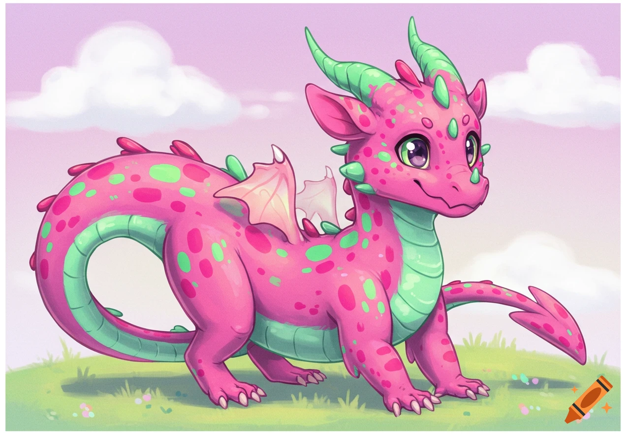 Cute cartoon pink and green dragon in a grassy field under a cloudy sky ...