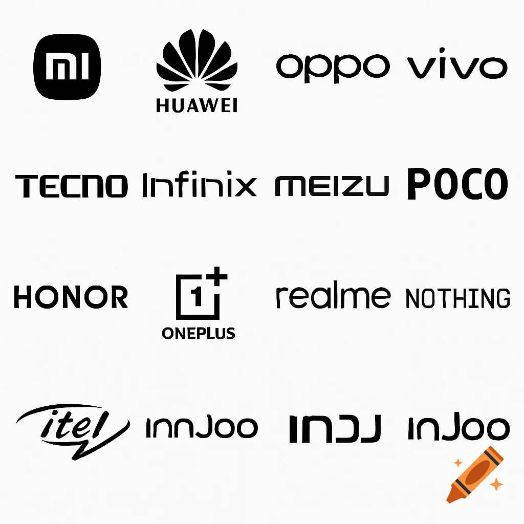 Black and white logos of various mobile phone brands on a white background.