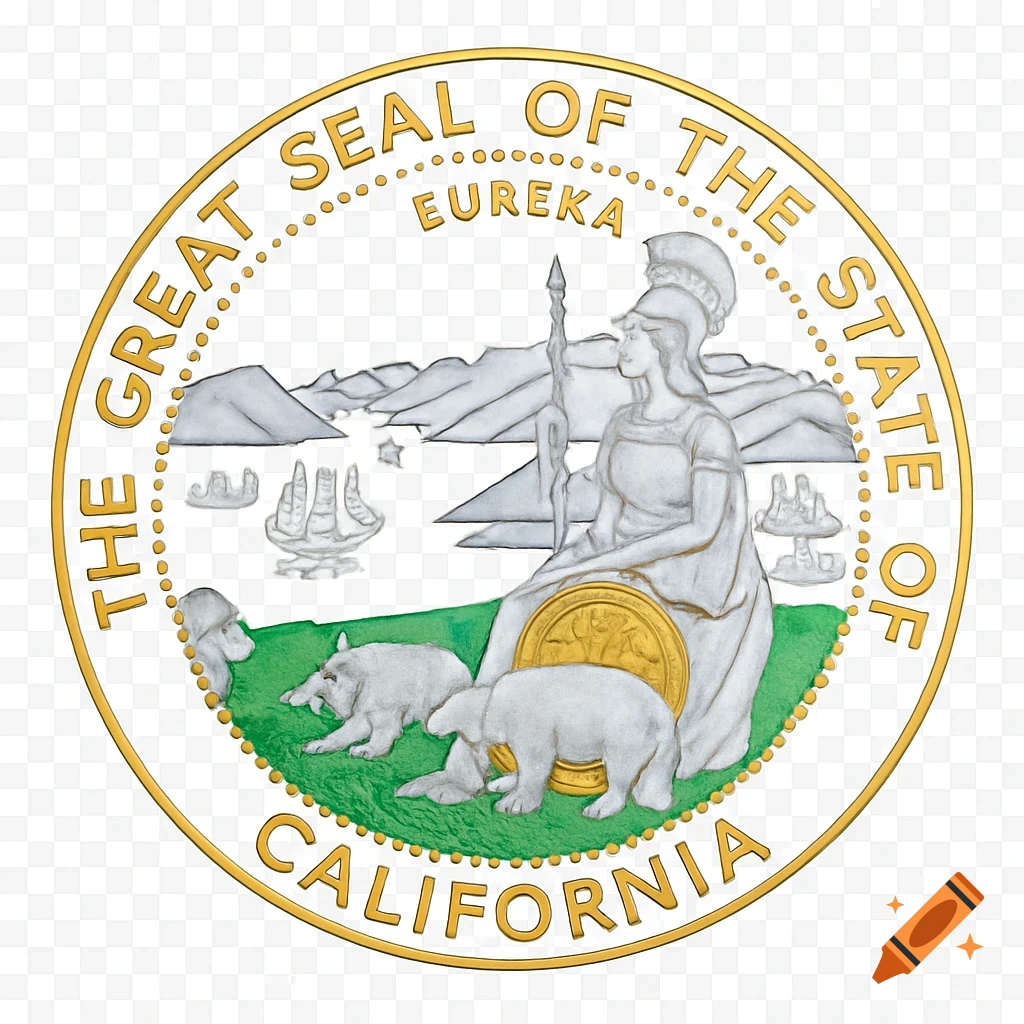 The Great Seal of the State of California with Minerva, grizzly bear, and ships.