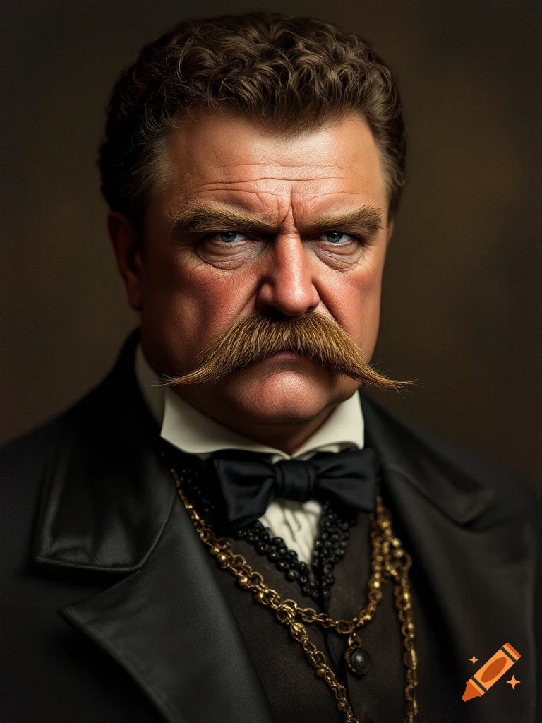 Photorealistic portrait of a man with a stern face and large mustache, wearing a black suit, bow tie, and gold chains.
