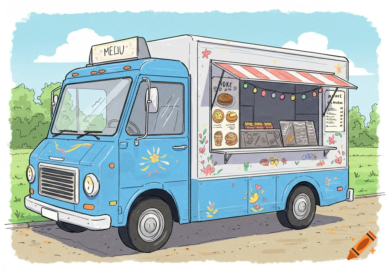 A blue food truck drawing with a striped awning, decorated with flowers, in a park