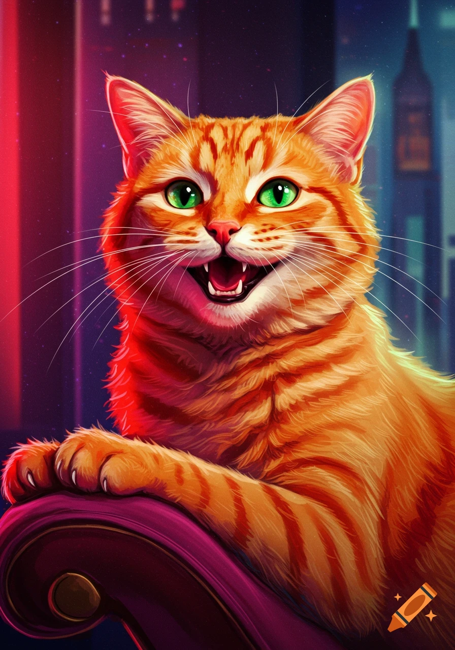 Digital painting of a happy orange tabby cat with green eyes and open ...