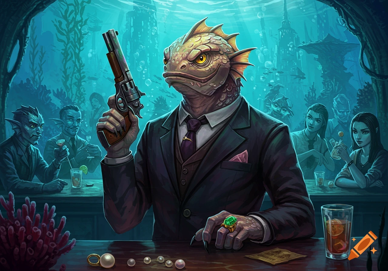 A Locathah mafia boss in a suit holds a gun in an underwater bar, surrounded by other sea creatures. Detailed fantasy art.
