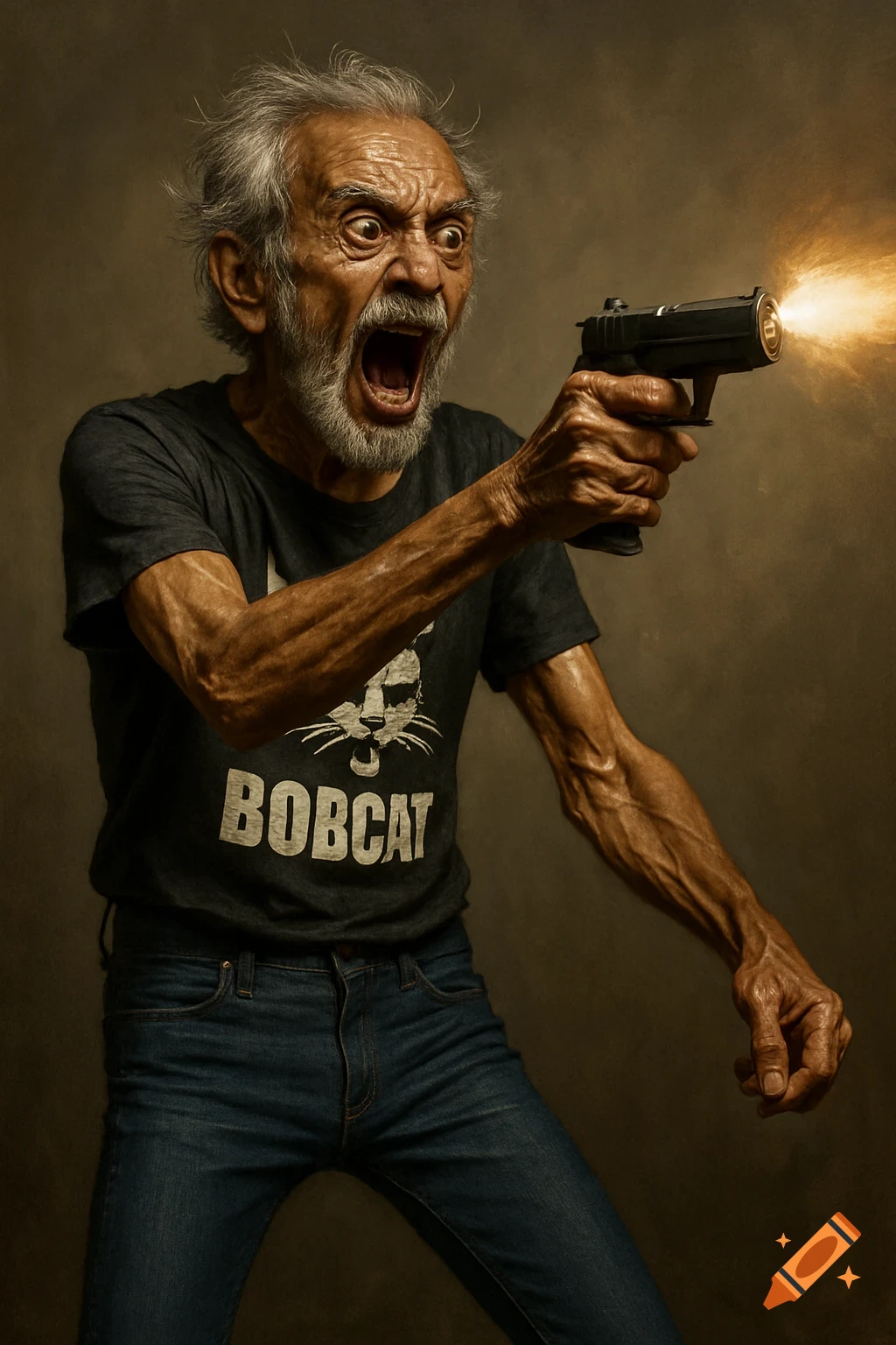 An old man screaming while firing a gun, wearing a Bobcat shirt.