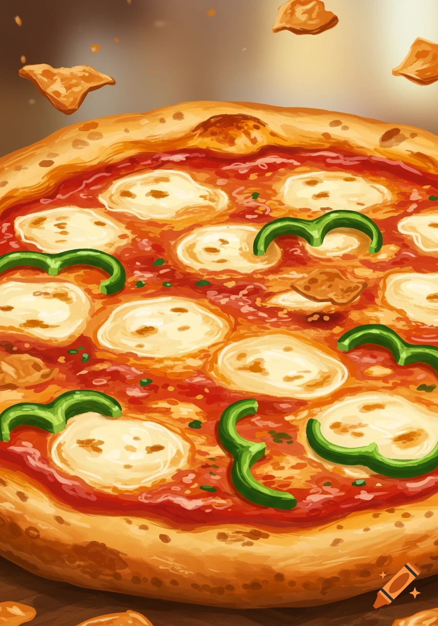 Illustrated close-up of a pizza with mozzarella, tomato sauce, green peppers, and crust.
