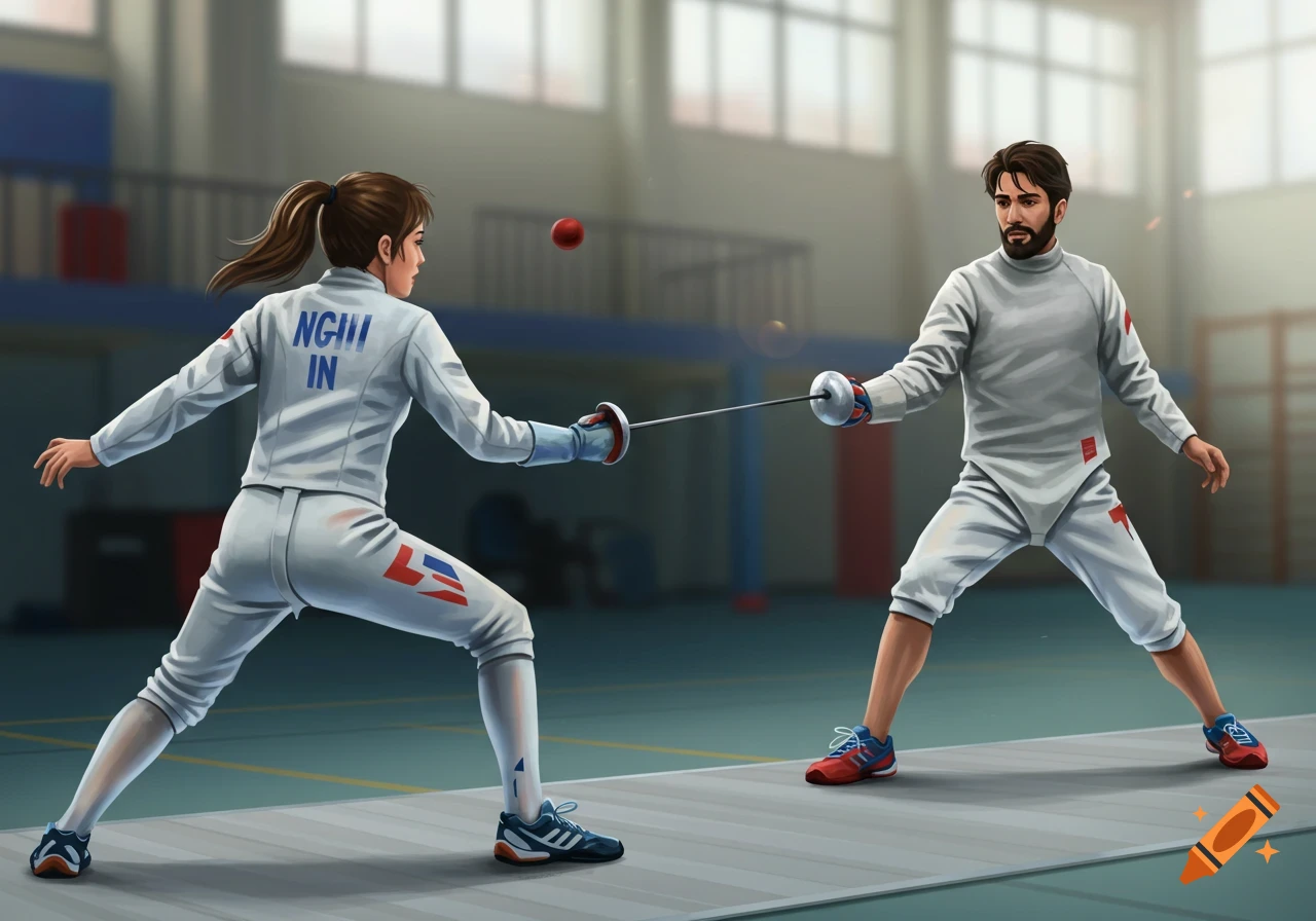 Digital illustration of two people fencing in a gym.