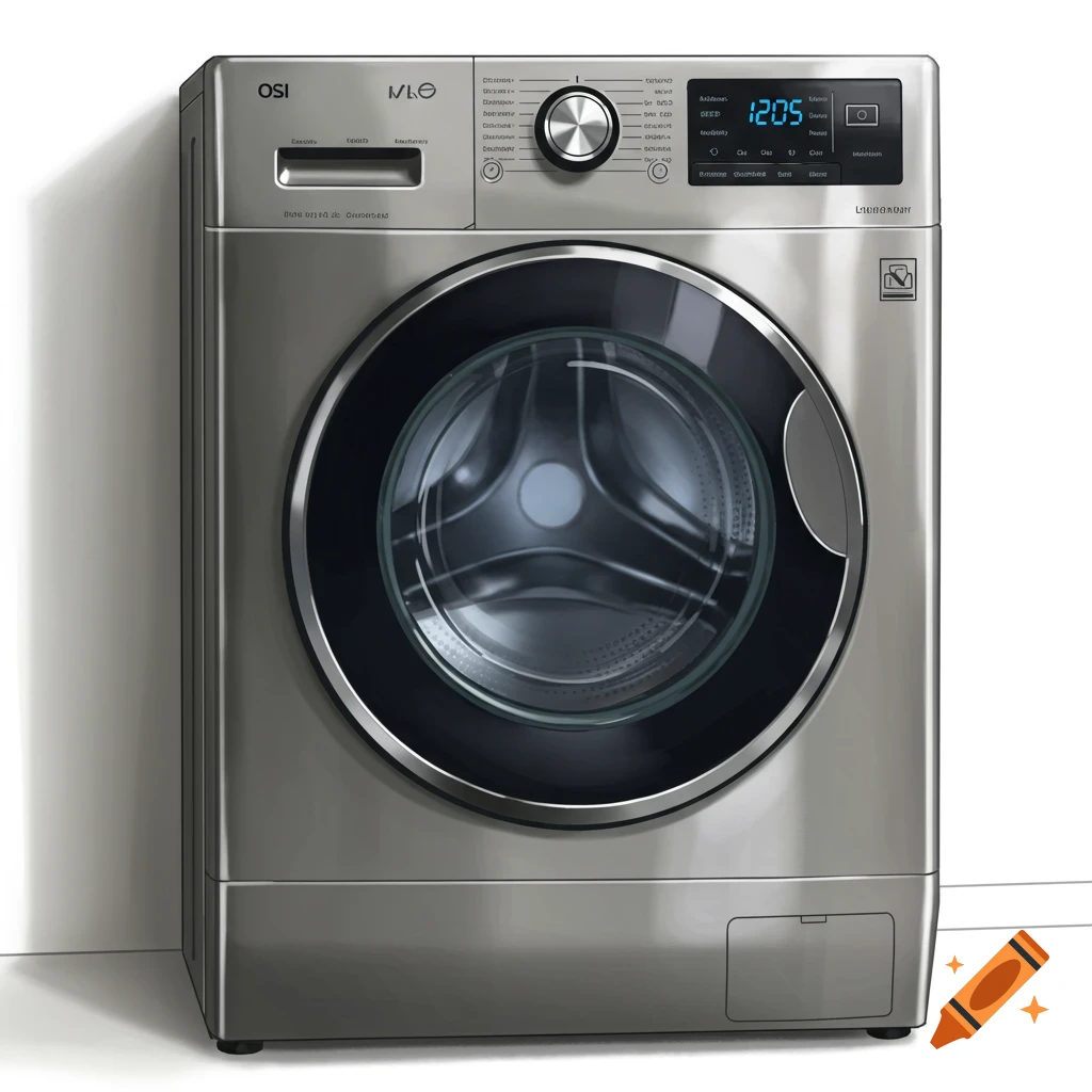 A silver washing machine with a large dark door.