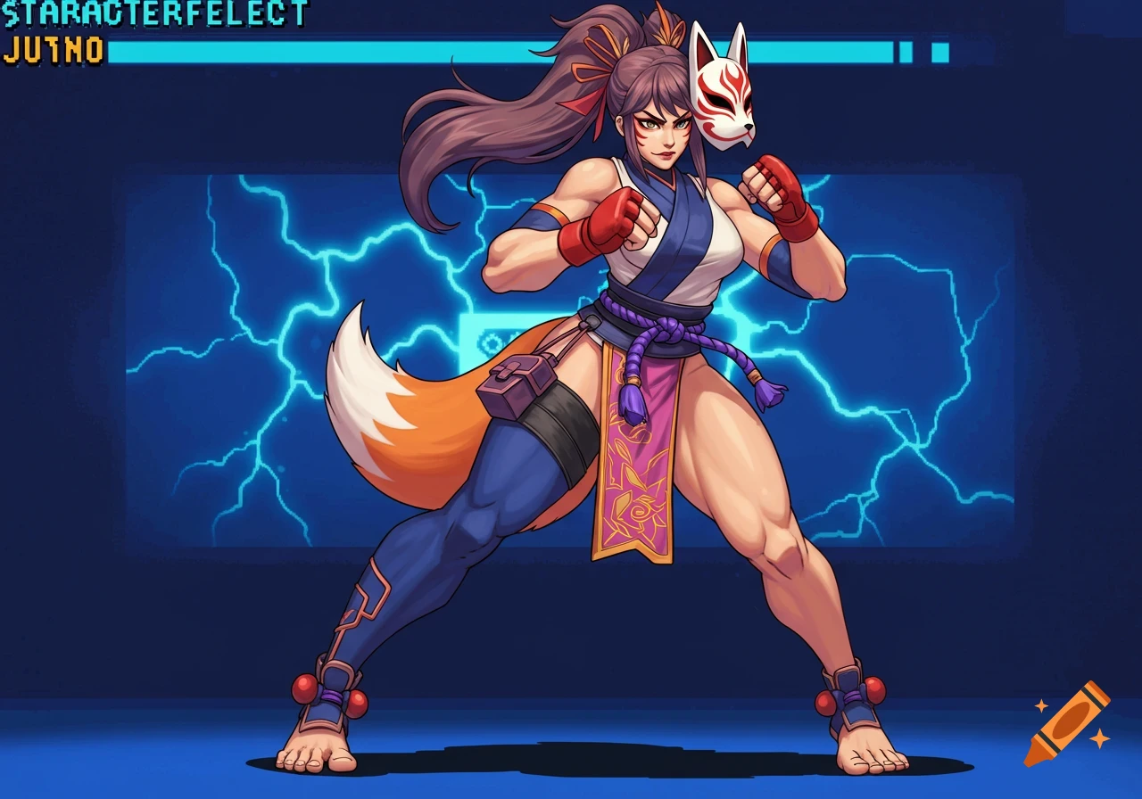 Fighting game style character with fox mask, tail, and boxing gloves in a martial arts pose against a lightning background.