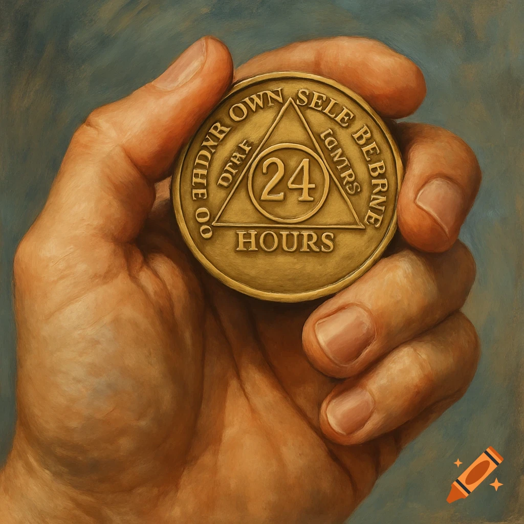 Close-up realistic painting of a hand holding a golden coin with "24 HOURS" and a triangle symbol.