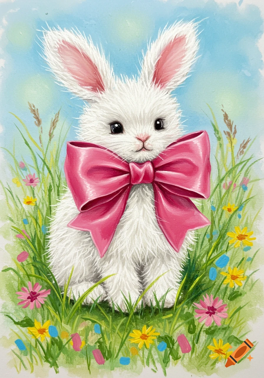 A white bunny with a pink bow sits in a field of flowers in an oil pastel style.