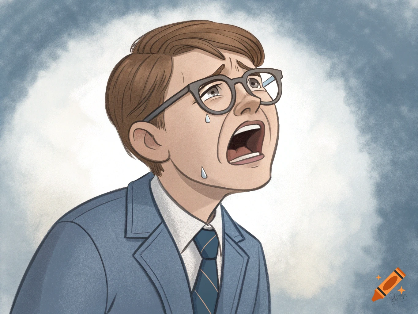 Cartoon illustration of a man in a suit and glasses crying and wailing