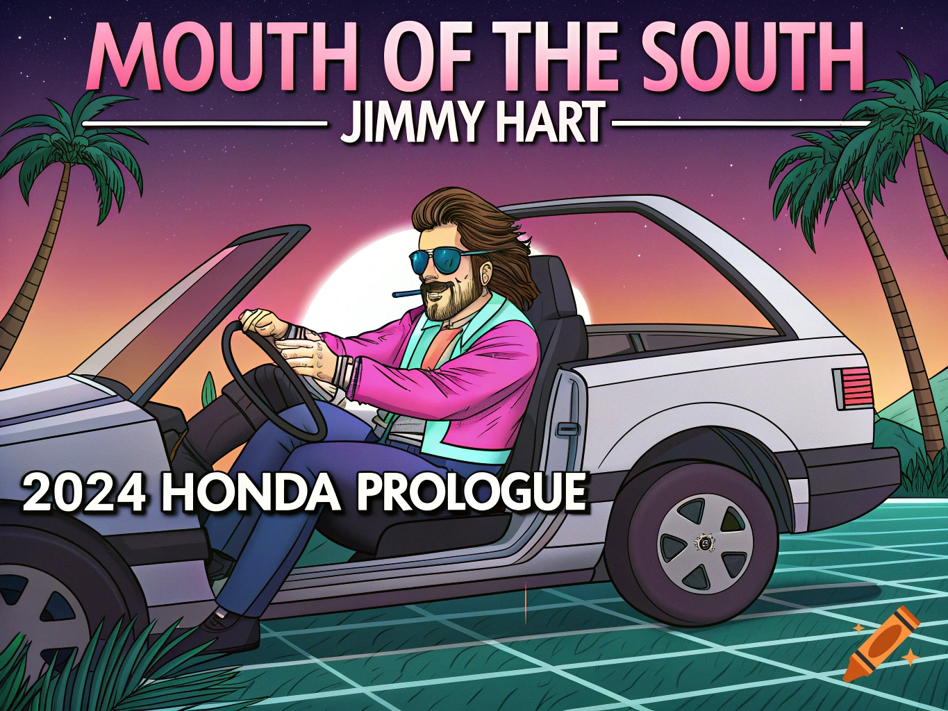 80s style cartoon of Jimmy Hart driving a car against a retrowave sunset background.