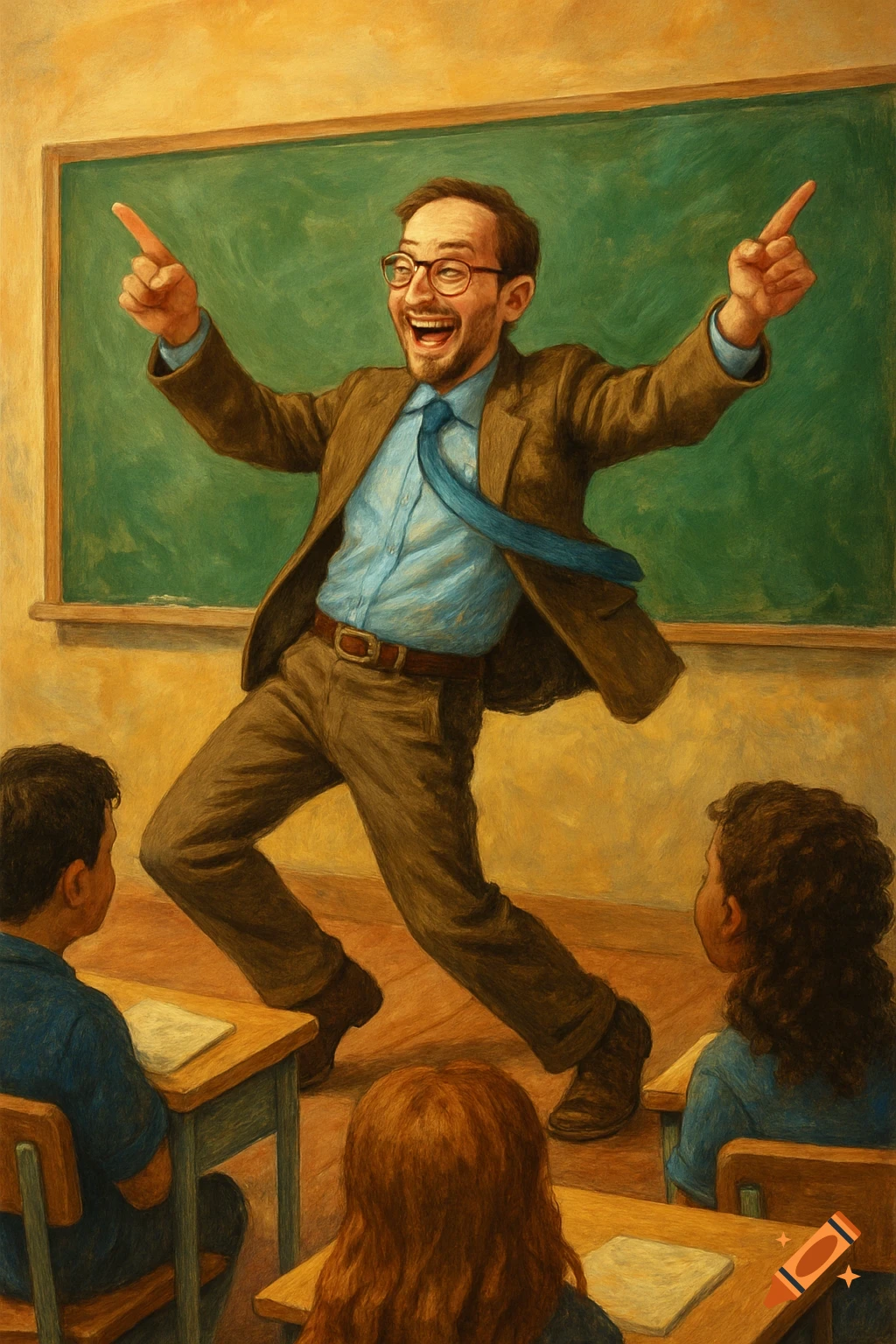 A lively teacher excitedly points while standing in a classroom in front of students, illustration style.