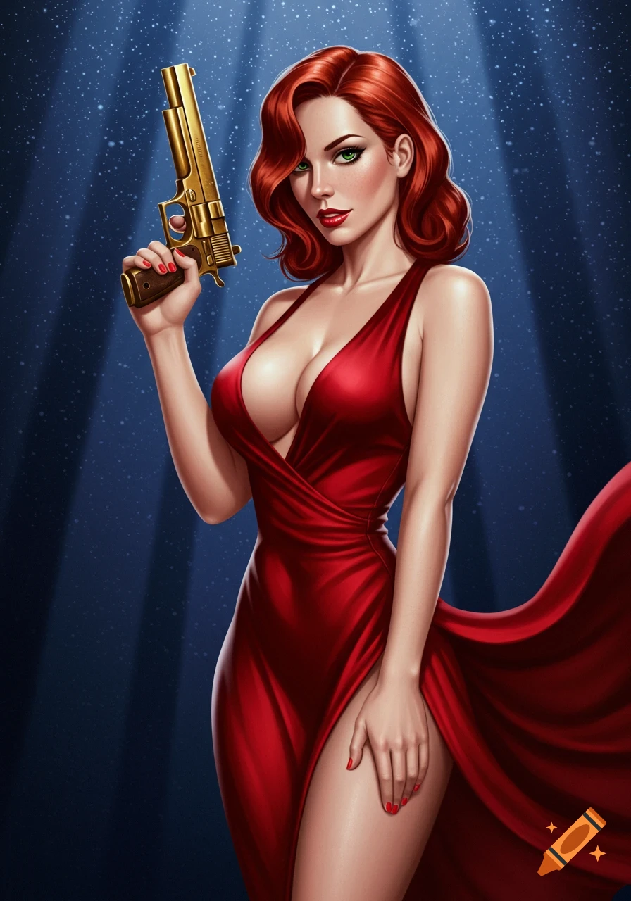 Redhead woman in red dress holding a golden pistol in dramatic light