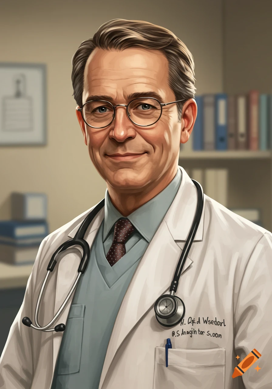 Portrait of a smiling man wearing glasses, lab coat, and stethoscope in a medical office. Digital painting style.