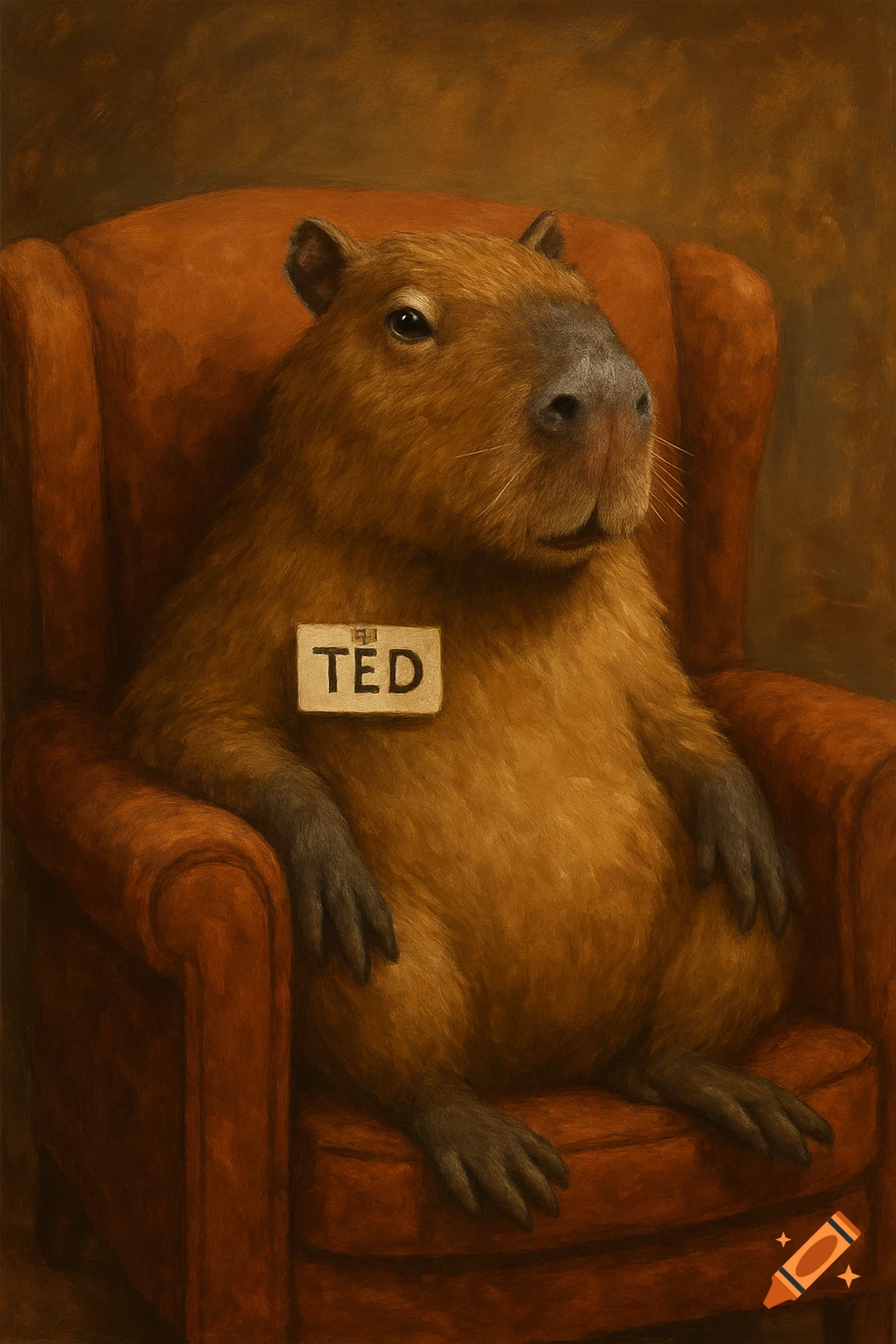 A painting of a capybara sitting in an armchair wearing a nametag that says 'TED'.