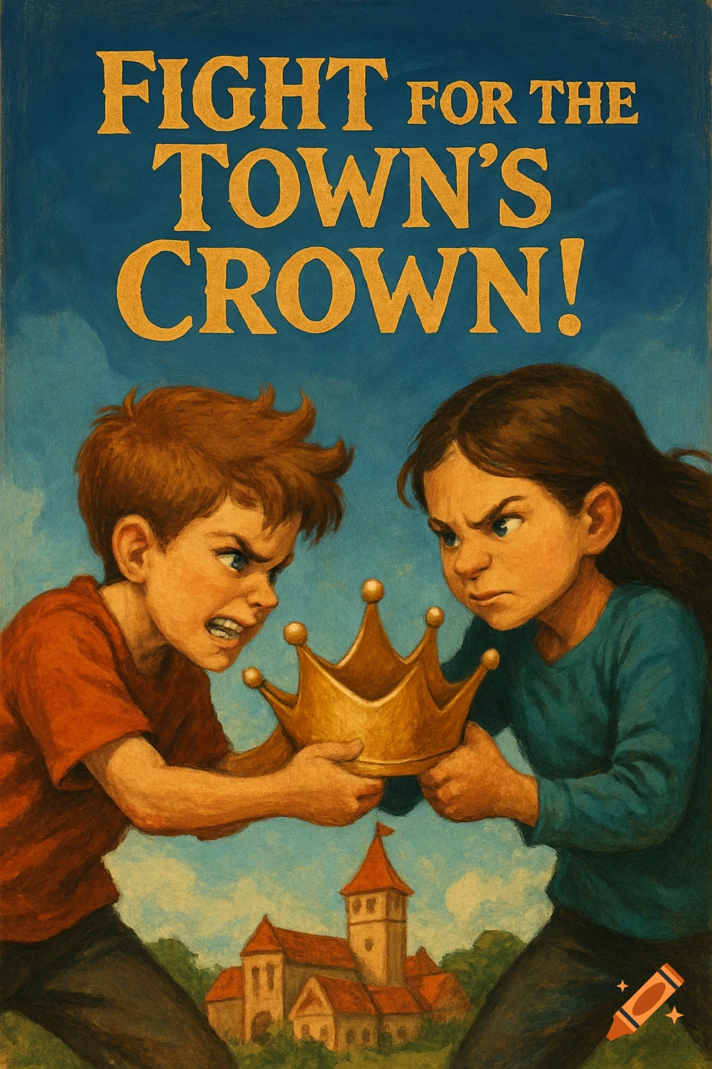 Book cover illustration showing two angry children fighting over a golden crown above a medieval town. The title reads: FIGHT FOR THE TOWN'S CROWN!