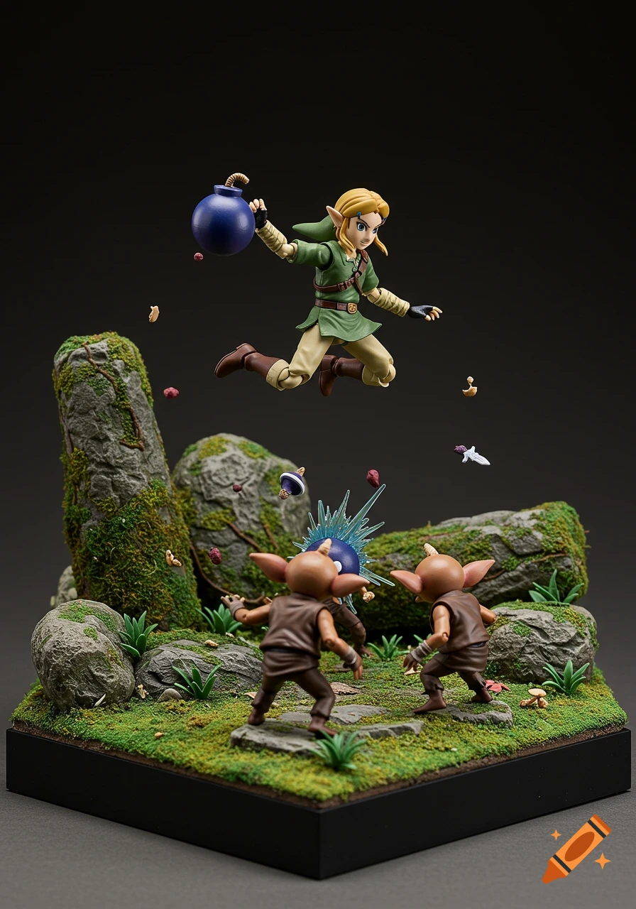 Link action figure jumps and throws a bomb at two goblin figures on a diorama base.