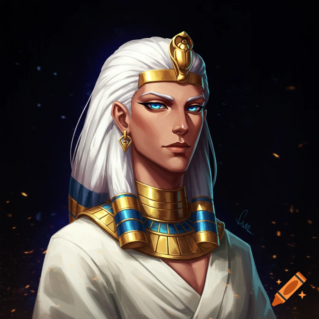 Digital painting portrait of a person with white hair and bright blue eyes in Egyptian-style attire and headdress.