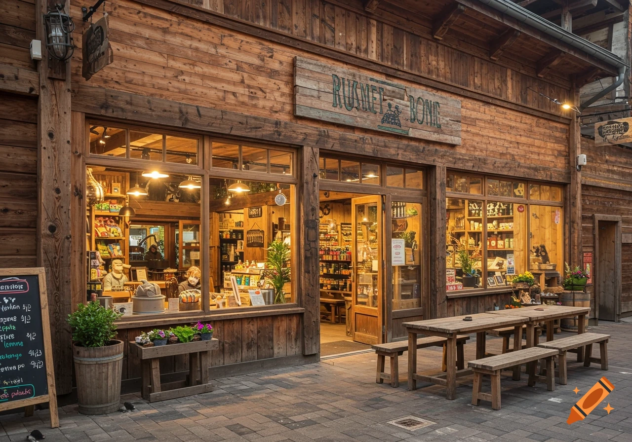 A rustic wooden storefront with large windows, lit interior, and outdoor wooden tables and benches on a paved sidewalk.