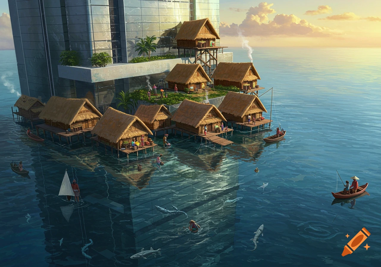 A large skyscraper partially submerged in water, with a village of thatched huts built around its base and on upper levels.