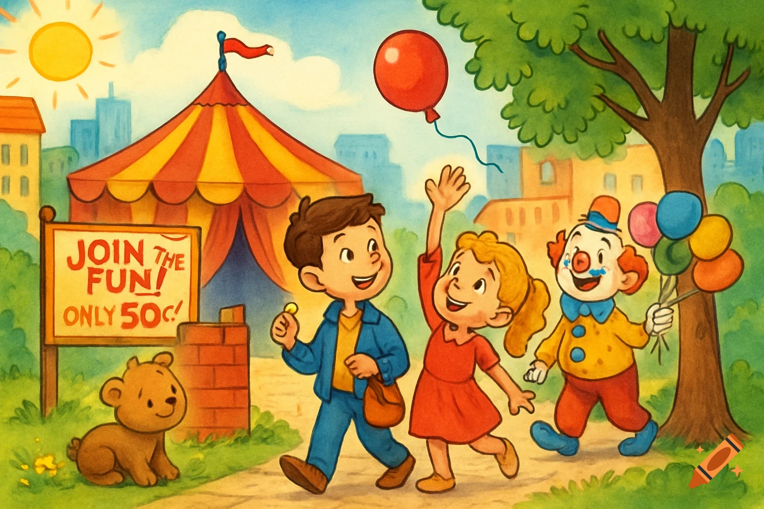 Children and a clown by a circus tent, a sign says 'Join the fun! Only 50 !', a bear cub nearby, children's illustration style.