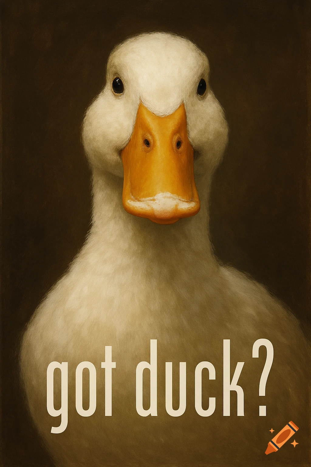 Close-up painterly portrait of a white duck with the text 'got duck?' overlaid.