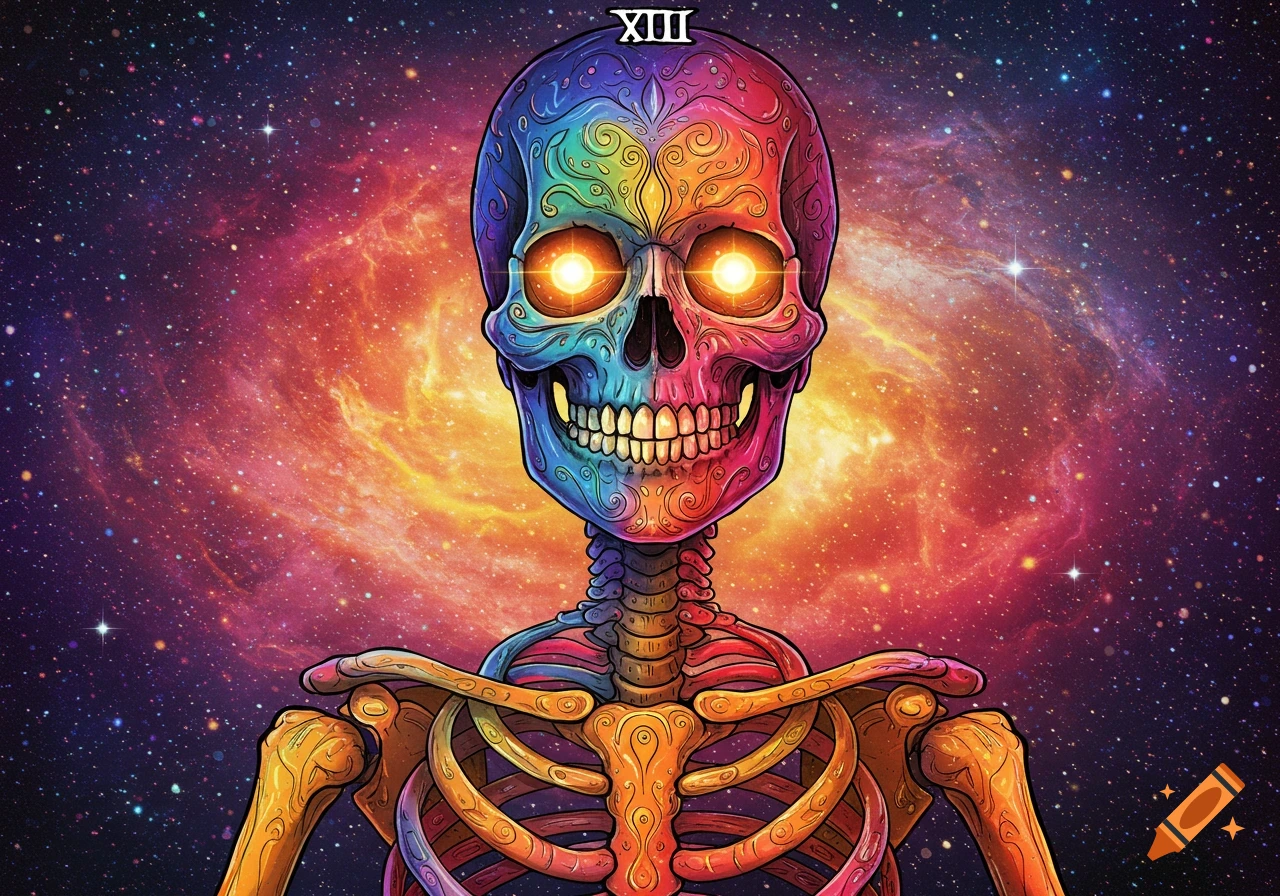 Colorful psychedelic skeleton with glowing eyes against a cosmic background, with the Roman numeral XIII above its head.