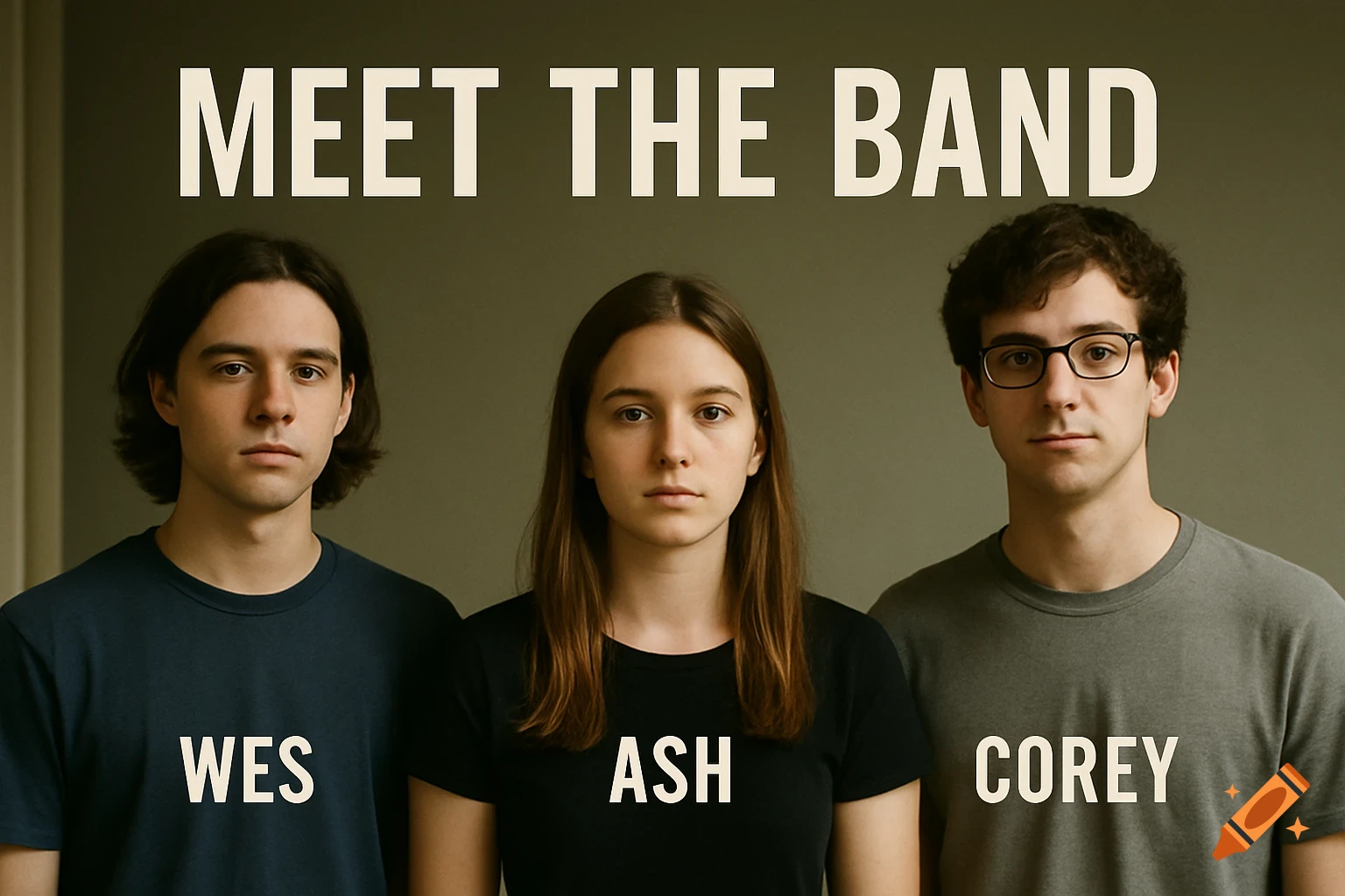 A group portrait of three young adults with text labeling them Wes, Ash, and Corey, under 'MEET THE BAND'.