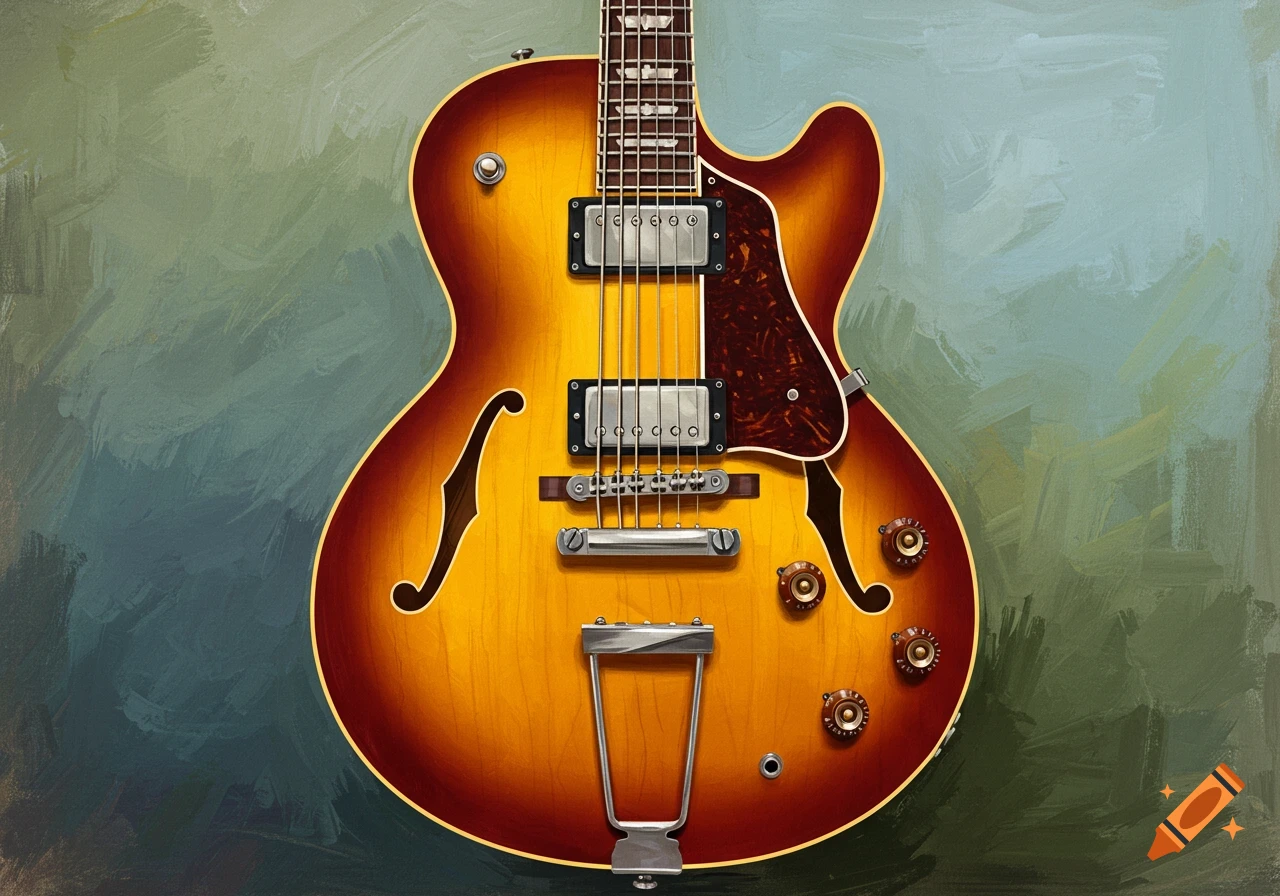 Close-up illustration of a vintage semi-hollow electric guitar in sunburst finish against a painted background.
