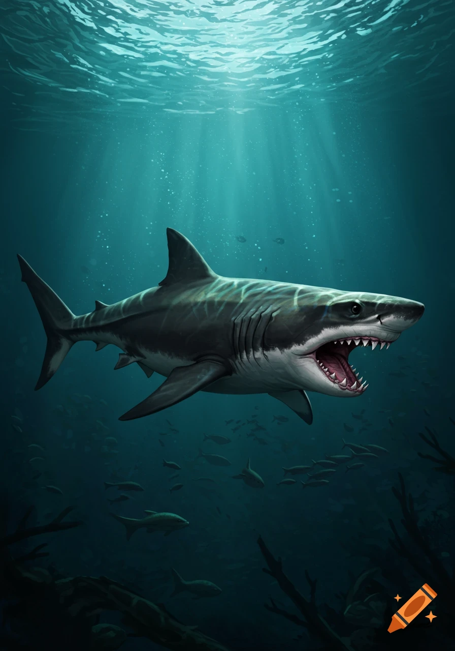 A shark swims through deep blue ocean water.