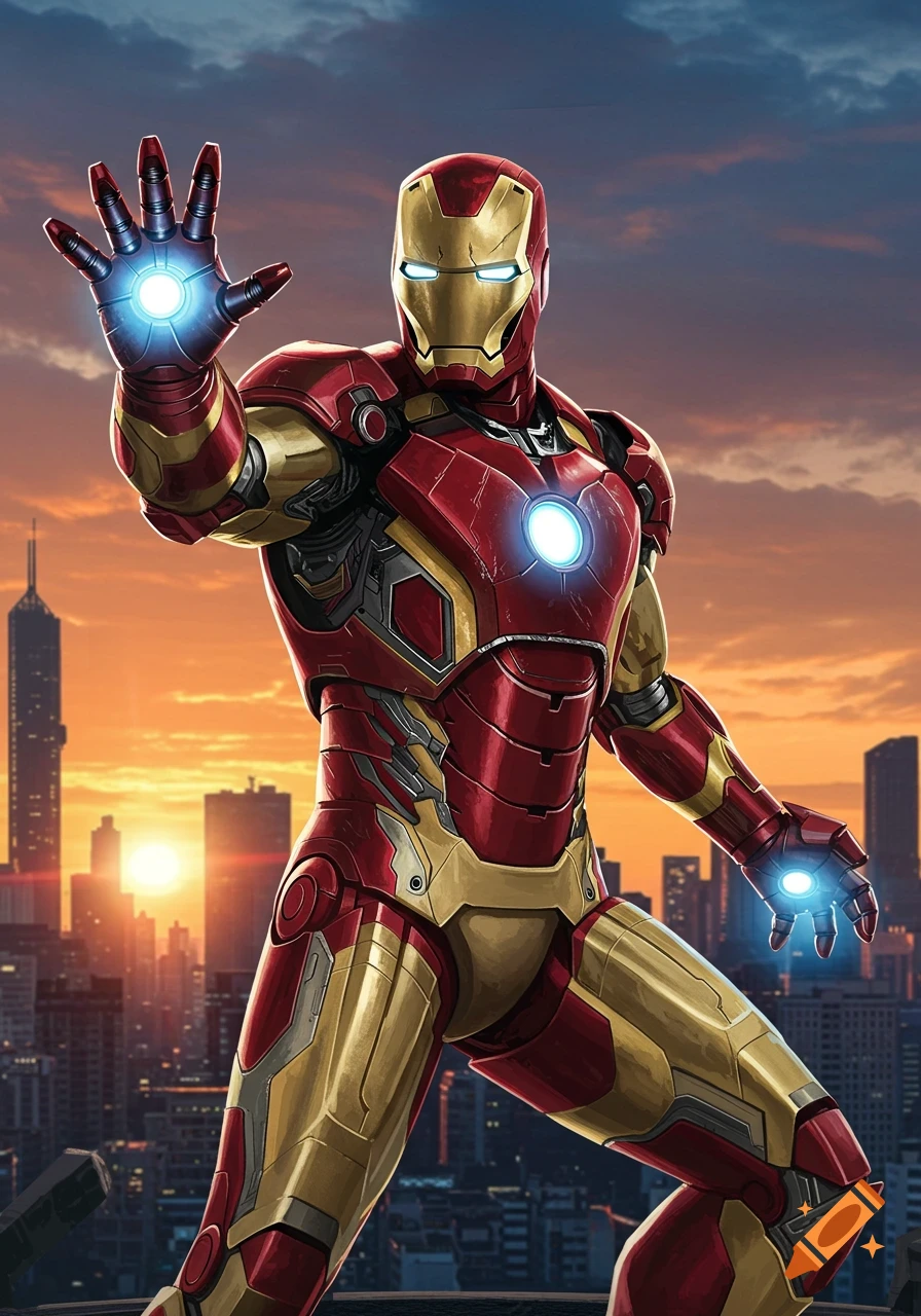 Illustration of Iron Man firing repulsor rays in a city at sunset