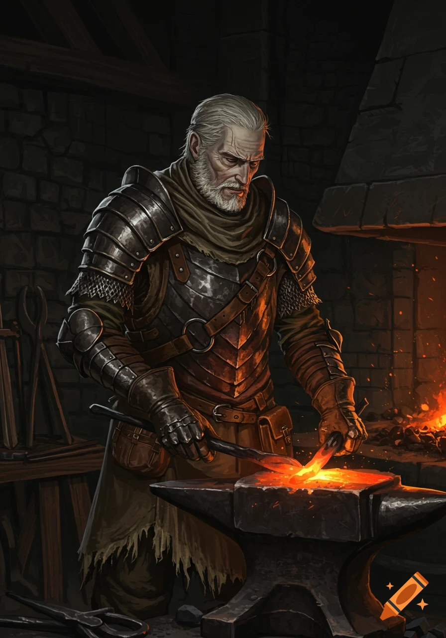 A fantasy blacksmith in detailed armor works at an anvil, hammering a glowing piece of metal.
