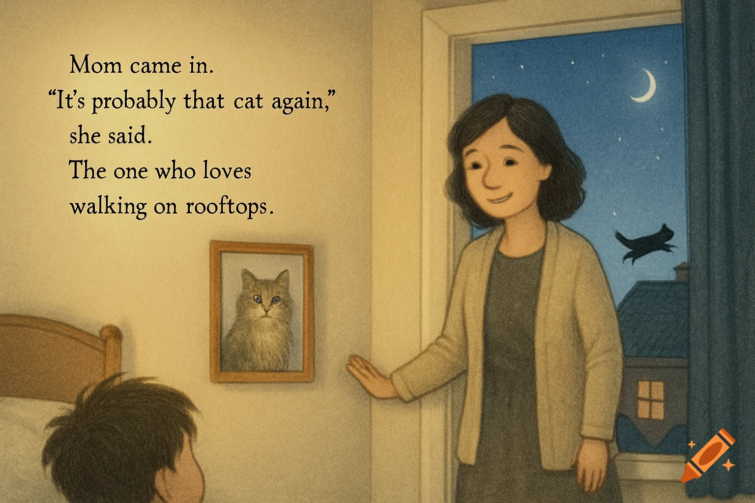 Illustration of a woman talking to a child in a room with a cat picture and a cat jumping outside a window at night.