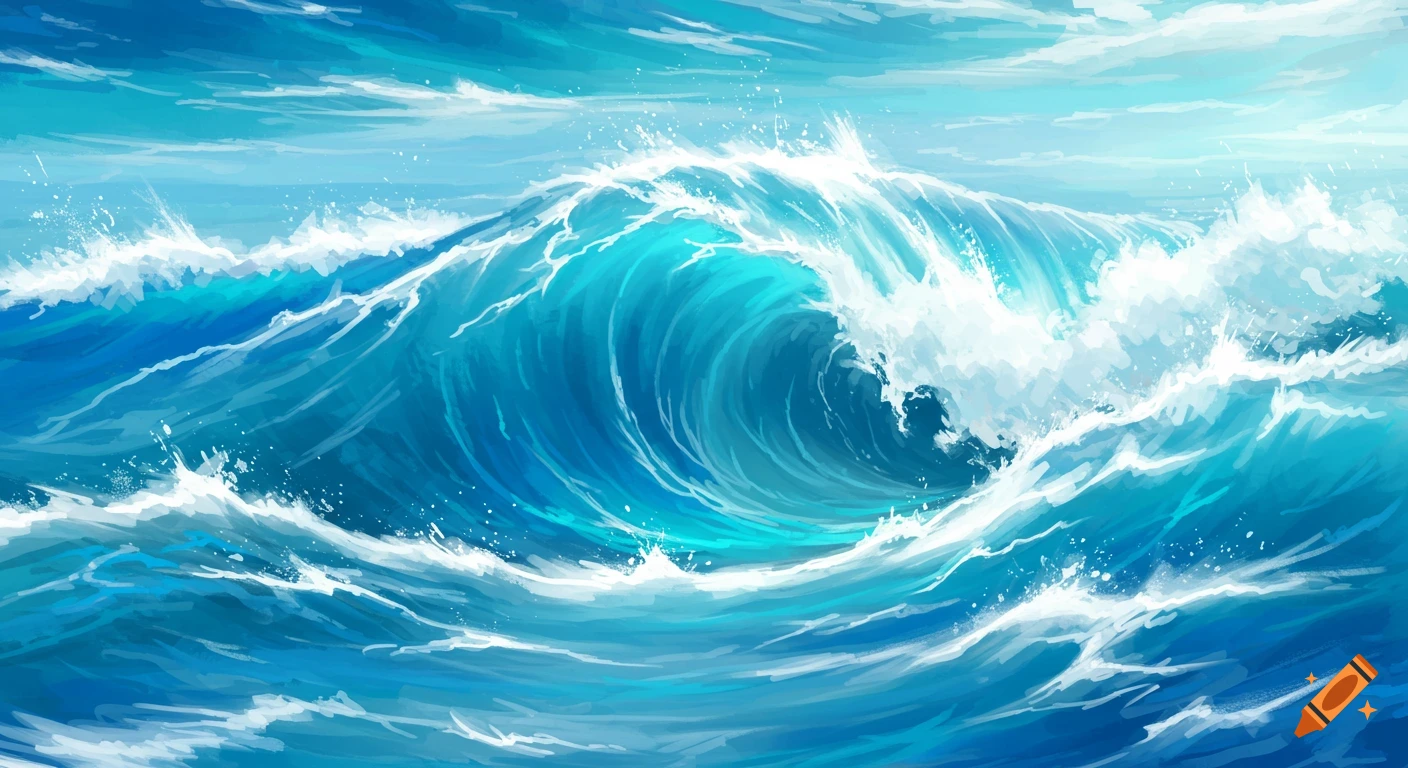 Large blue wave crashing in the ocean, painting style.